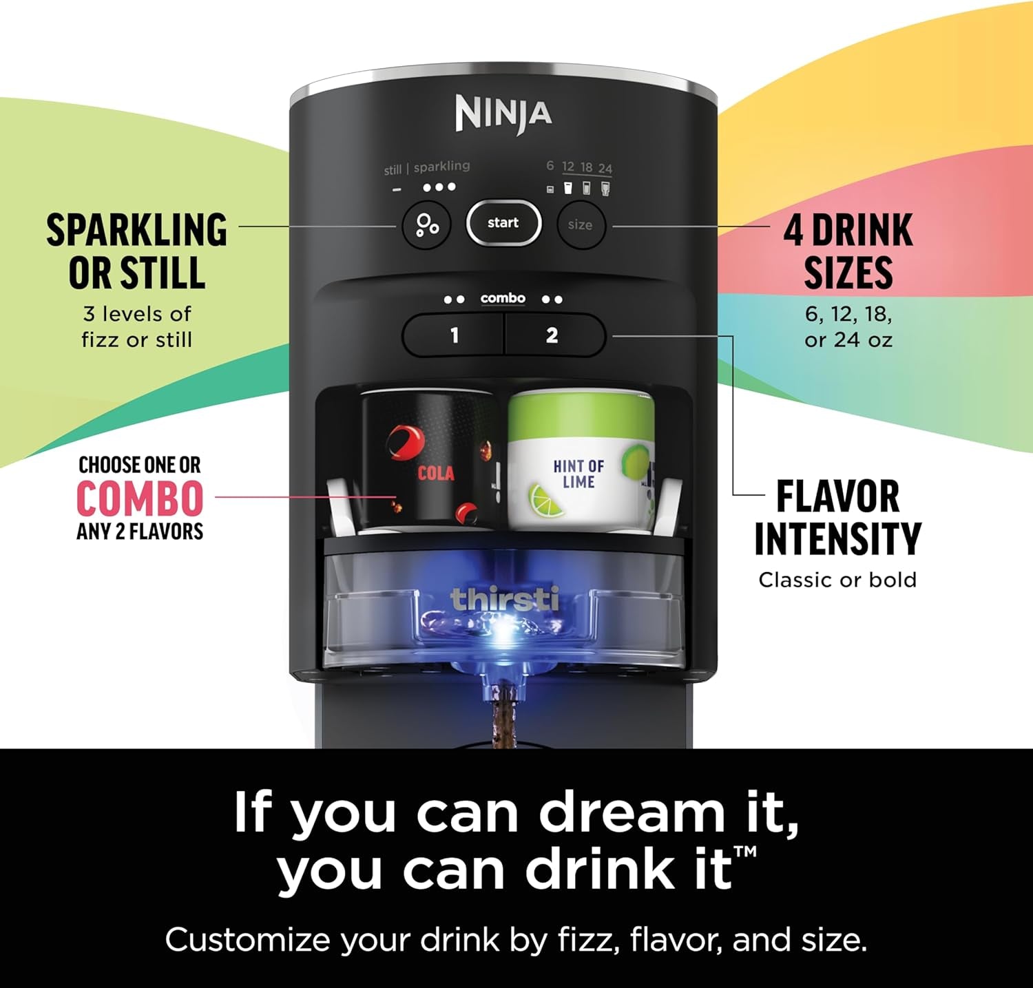 Ninja Thirsti Drink System, Soda Maker, Create Unique Sparkling & Still Drinks, Personalize Size & Flavor, Carbonated Water Machine, 60L CO2 Cylinder & Variety of Flavored Water Drops, Black WC1001