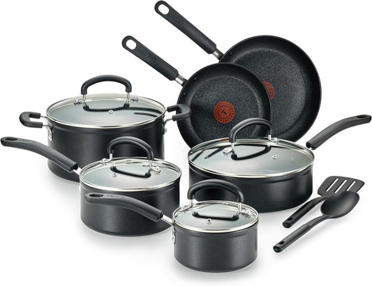 T-Fal Advanced Nonstick Cookware Set 12 Piece, Oven Broiler Safe 350F, Kitchen Cooking Set W/ Fry Pans, Saucepans, Deep Saute, Dutch Oven & Kitchen Utensils, Pots and Pans, Dishwasher Safe, Black