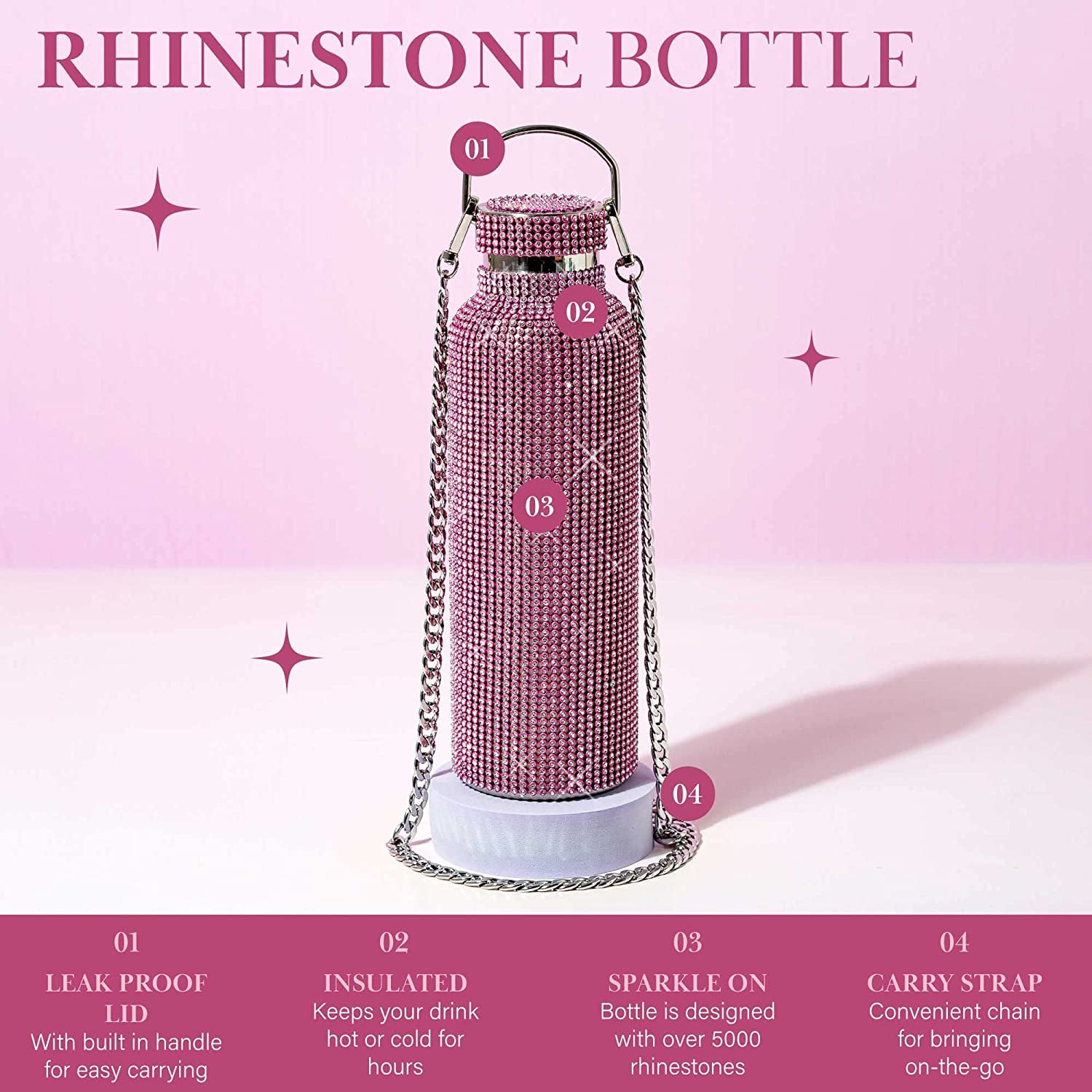 Paris Hilton Diamond Bling Water Bottle with Lid and Removable Carrying Strap, Stainless Steel Vacuum Insulated, Bedazzled with over 5000 Rhinestones, 25-Ounce, Ombre Pink to Silver