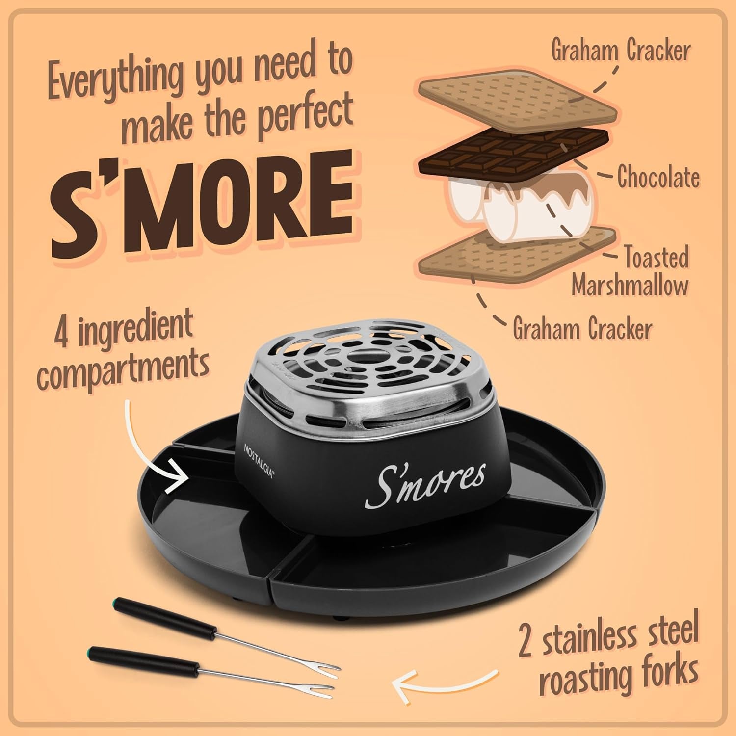 Nostalgia Tabletop Indoor Electric S'Mores Maker - Smores Kit with Marshmallow Roasting Sticks and 4 Trays for Graham Crackers, Chocolate, and Marshmallows - Movie Night Supplies - Black