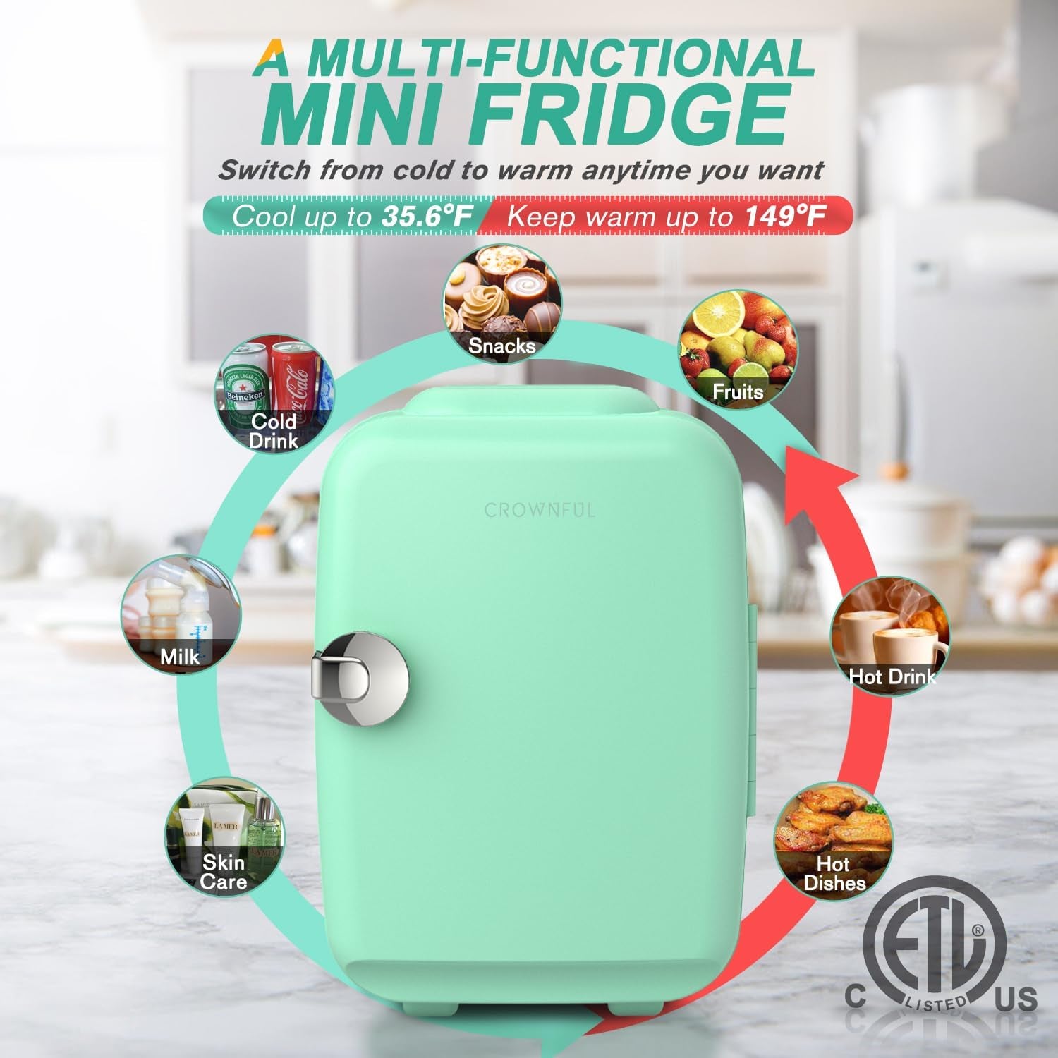 CROWNFUL Mini Fridge 4 Liter 6 Can Portable Cooler and Warmer Fridge for Skin Care & Cosmetics (Green)