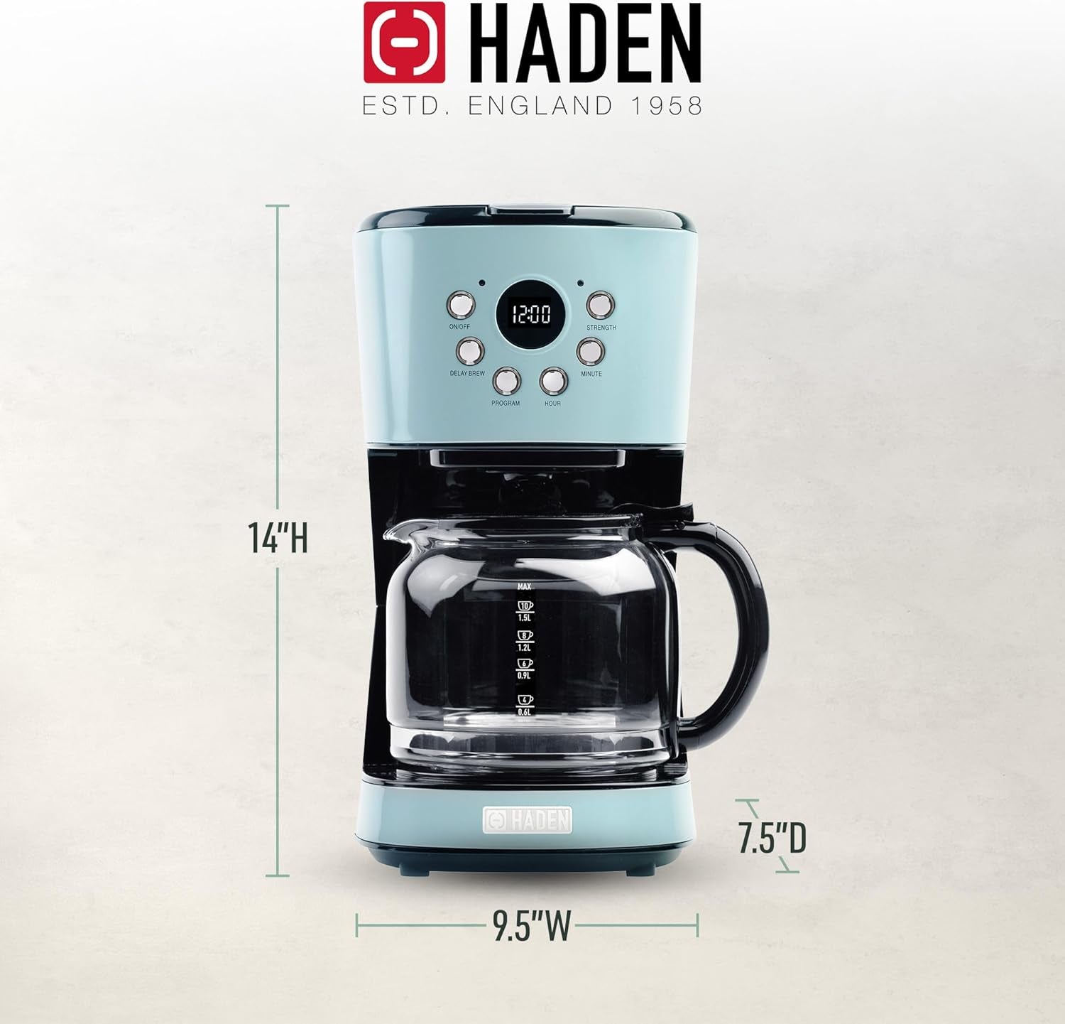 Haden Coffee Machine, 12 Cup Programmable Drip Coffee Maker with Auto Shut-Off Function and Reusable Washable Water Filter, Turquoise & Chrome