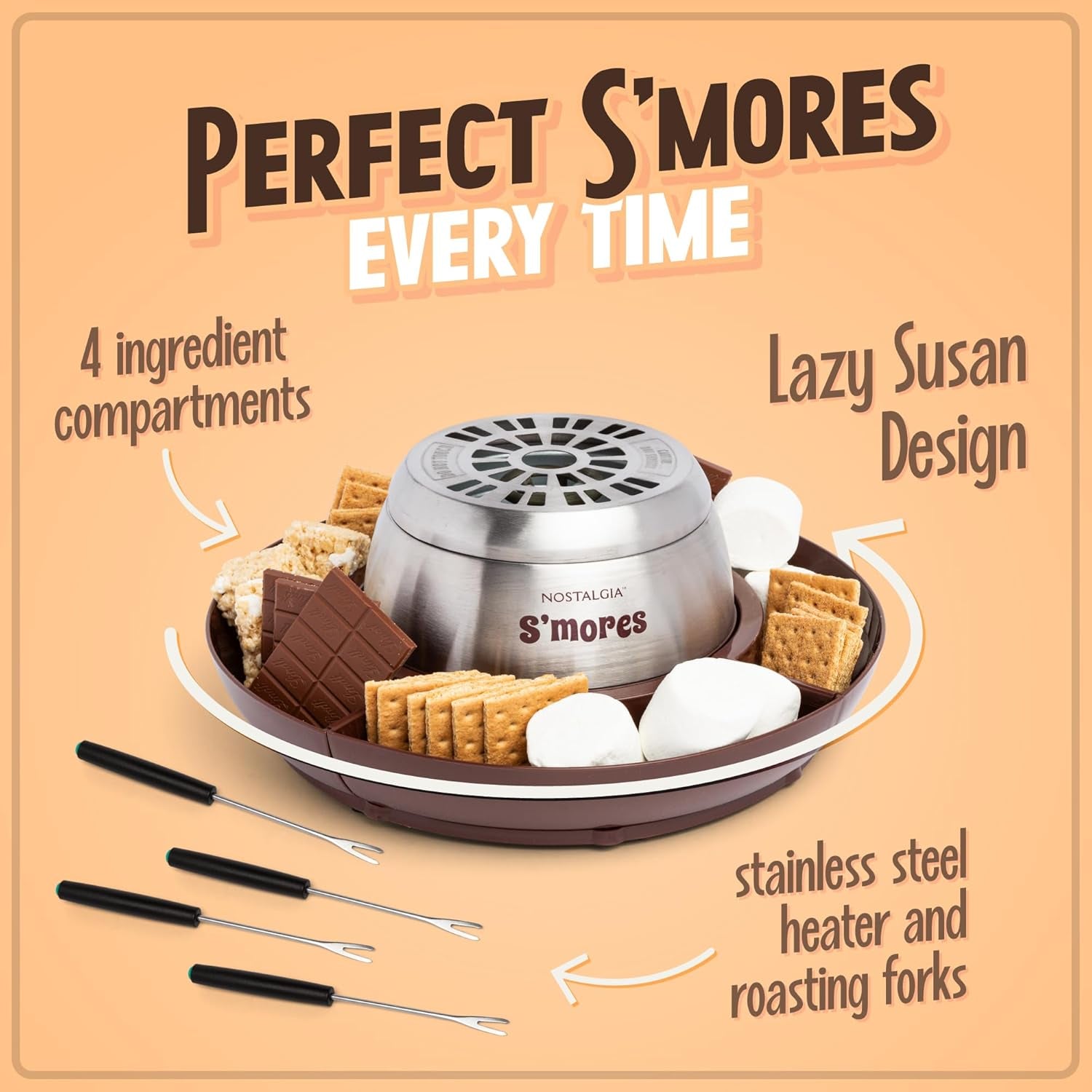 Nostalgia Indoor Electric Stainless Steel S'Mores Maker with 4 Lazy Susan Compartment Trays for Graham Crackers, Chocolate, Marshmallows and 4 Roasting Forks, Brown