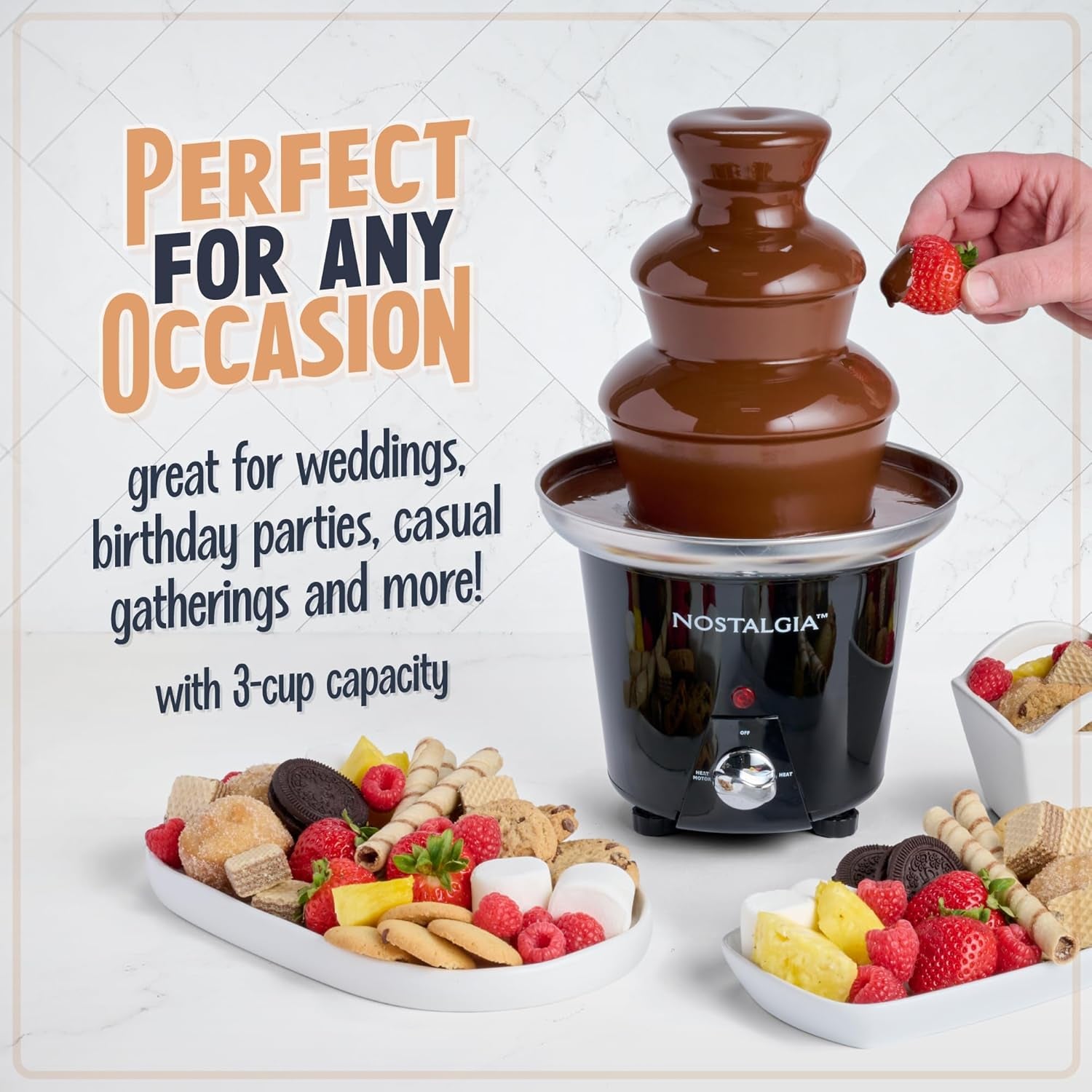 Nostalgia 3 Tier Electric Chocolate Fondue Fountain Machine for Parties - Melts Cheese, Queso, Candy, and Liqueur - Dip Strawberries, Apple Wedges, Vegetables, and More - 24-Ounce - Black, Small