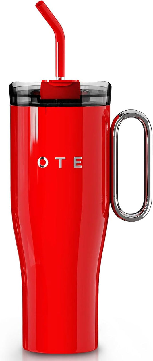 OTE Tumbler with Handle and Straw Lid Double Walled Insulation Stainless Steel 1180ml Red