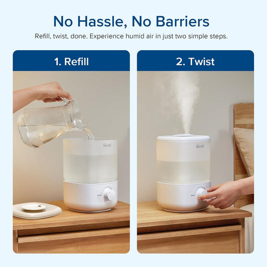 LEVOIT Top Fill Humidifiers for Bedroom, 2.5L Tank for Large Room, Easy to Fill & Clean, 28Db Quiet Cool Mist Air Humidifier for Home Baby Nursery & Plants, Auto Shut-Off and Bpa-Free for Safety, 25H