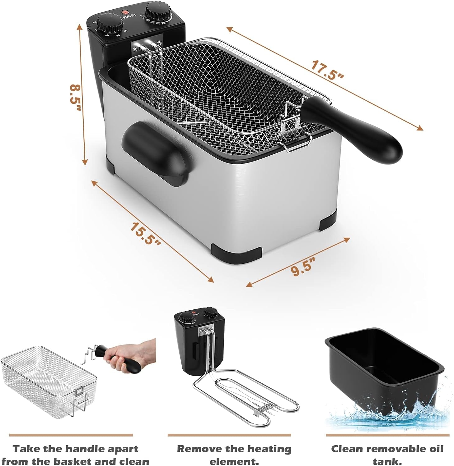 Simoe Deep Fryer with Basket & Timer Temperature Knobs 3.2 Litter Stainless Steel