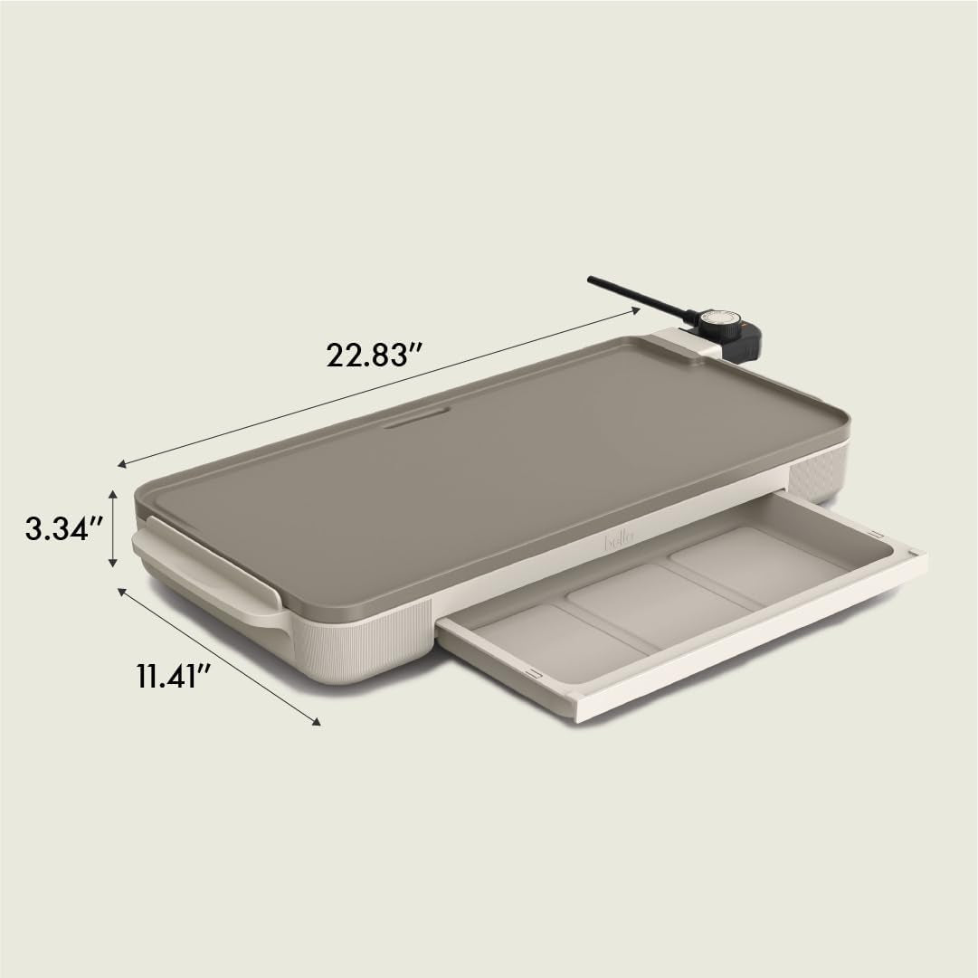 Bella 10" X 20" Electric Griddle with Warming Tray, Evergood™ Ceramic Nonstick Coating & Removable Temperature Probe, Dishwasher-Safe Drip Tray & Cool Touch Handles, 1500 Watt, Oatmilk