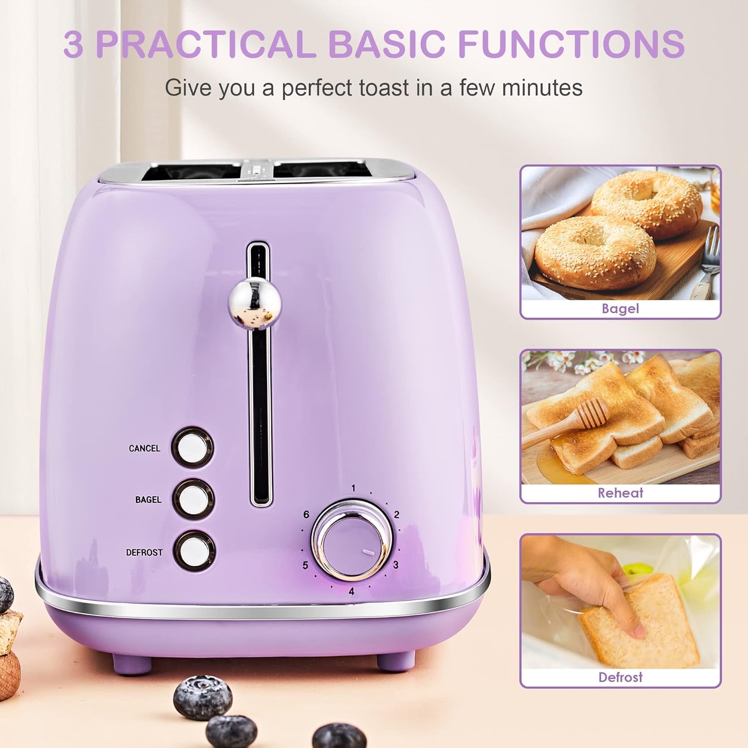 Roter Mond Retro Stainless Steel 2 Slice Toaster 6 Bread Shade Settings Purple