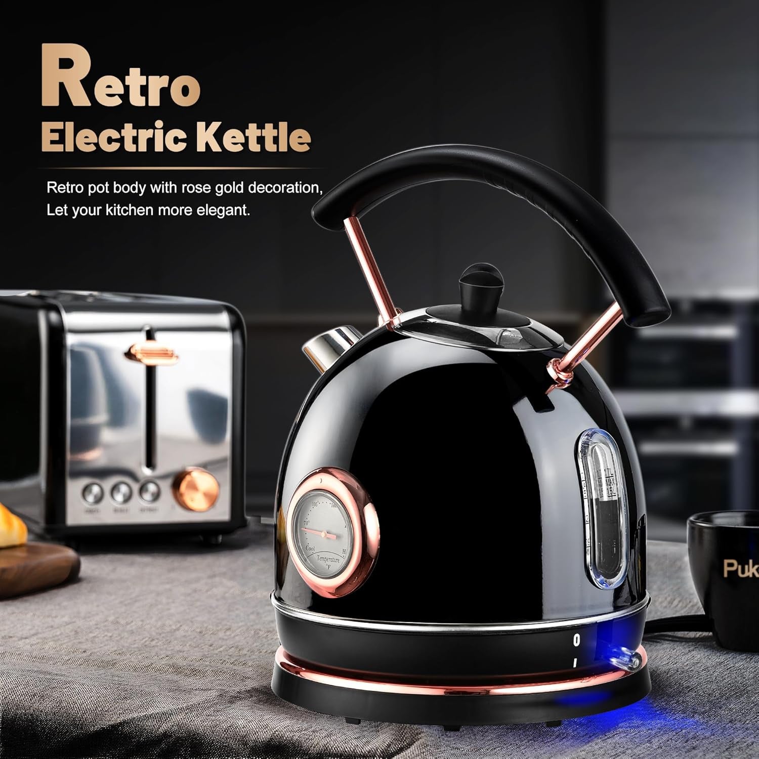 Retro Electric Kettle 1.7L, Stainless Steel Portable Fast Boiling, Cordless with LED Light, Unique Appearance with Temperature Gauge, Auto Shut-Off&Boil-Dry Protection (Black)