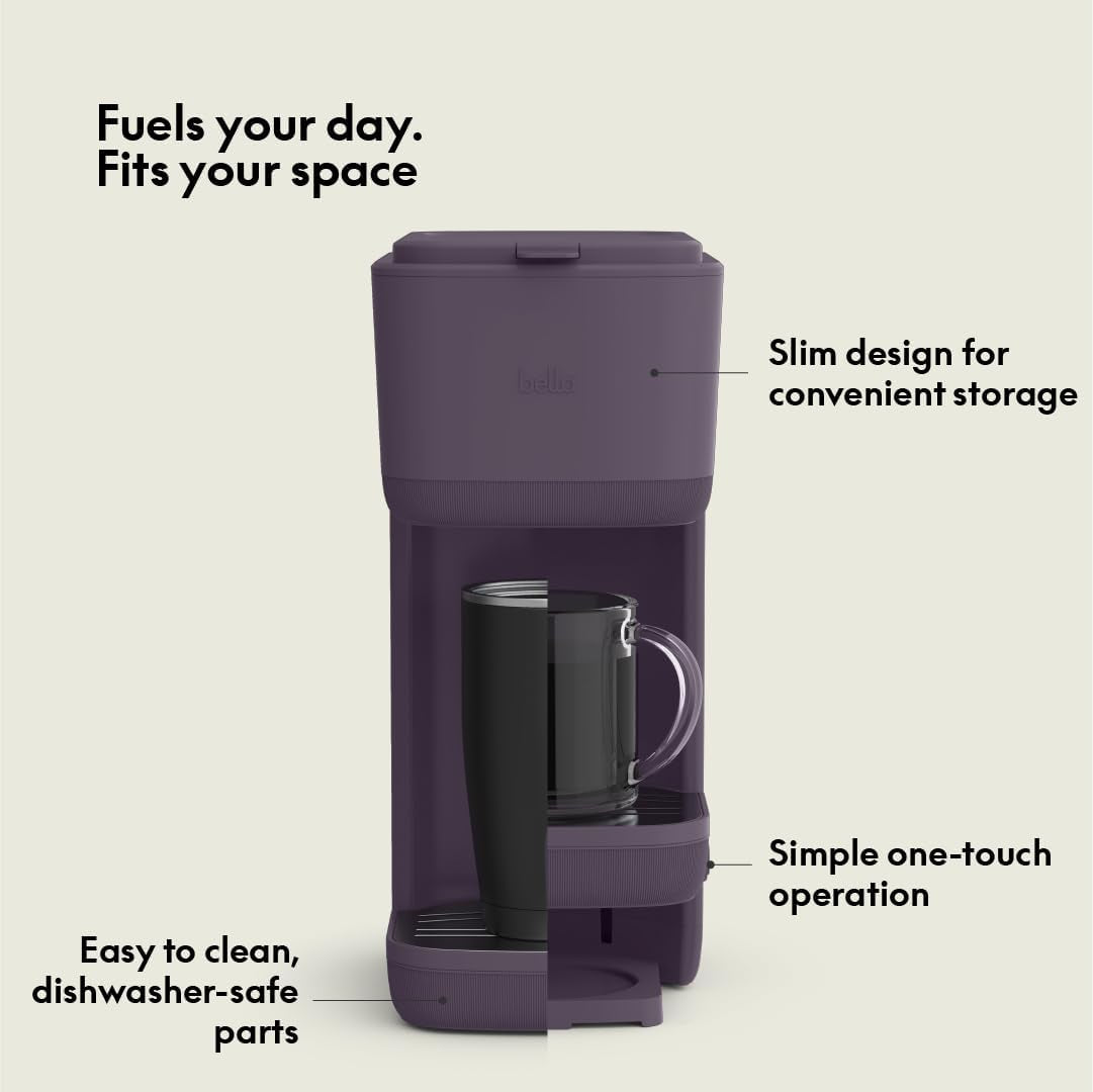 BELLA Single Serve Coffee Maker, K Cup & Coffee Ground Compatible with Removable, Adjustable Drip Tray, Auto Shutoff & Reusable Dishwasher Safe Accessories, Brews 6Oz to 14Oz, 1000 Watt, Plum