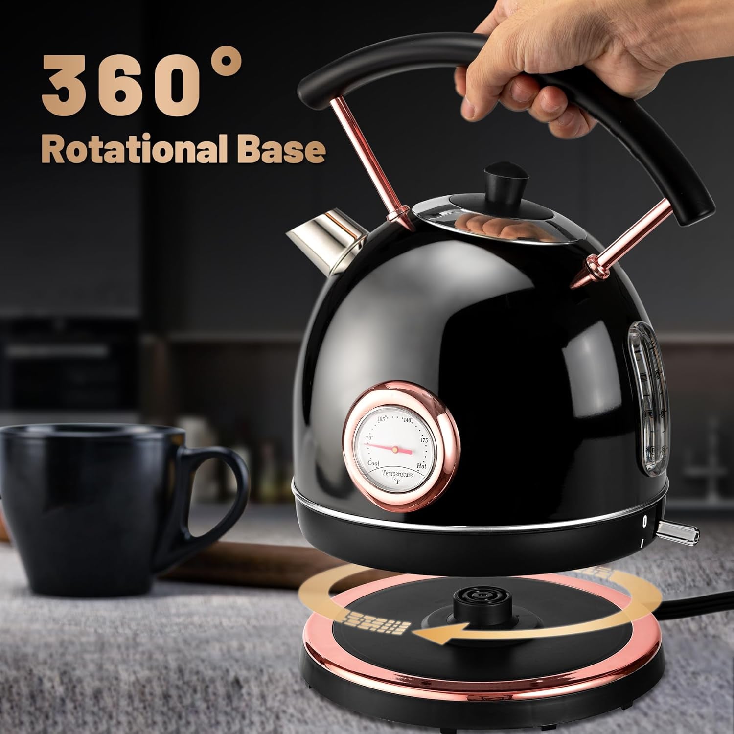 Retro Electric Kettle 1.7L, Stainless Steel Portable Fast Boiling, Cordless with LED Light, Unique Appearance with Temperature Gauge, Auto Shut-Off&Boil-Dry Protection (Black)