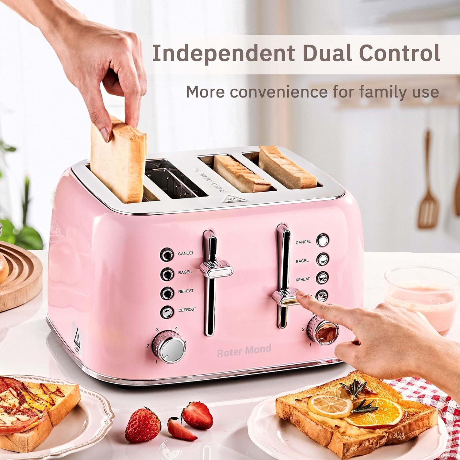 Roter Mond Retro Stainless Steel Toaster 4 Slice Extra Wide 6 Browning Levels Pink