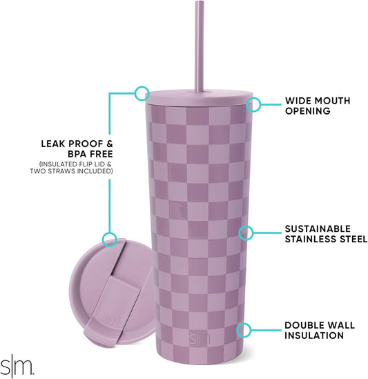 Simple Modern Insulated Tumbler with Lid and Straw | Iced Coffee Cup Reusable Stainless Steel Water Bottle Travel Mug | Gifts for Women Men Her Him | Classic Collection | 24Oz | Lavender Checkmate