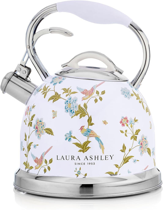 VQ Laura Ashley Elveden White 3L Stainless Steel Tea Kettle Stovetop Whistling Teapot for Induction, Gas Hob or Others. Silicon Coated Cool Handle & Push Button Mechanism Vintage Stove Top Kettle