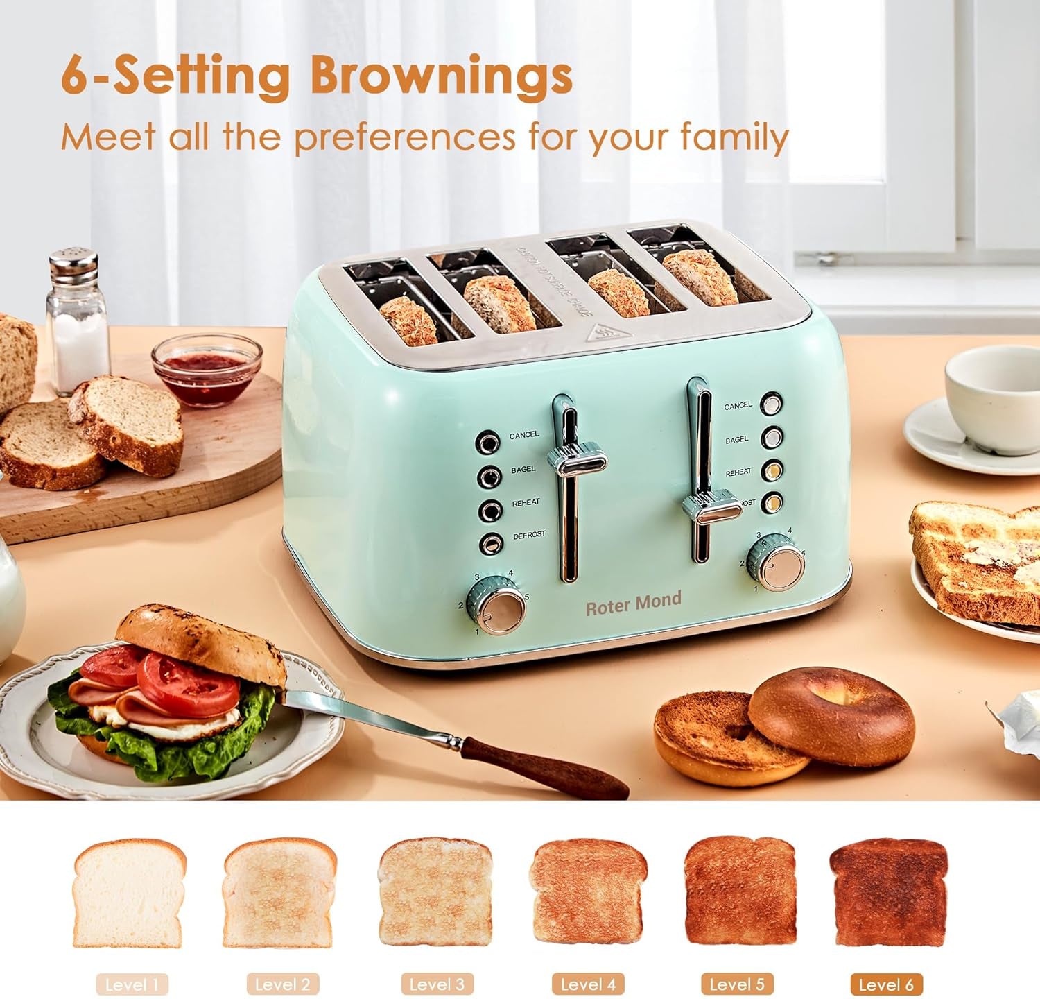 Roter Mond Retro Stainless Steel Toaster 4 Slice Extra Wide 6 Browning Levels Aqua Green