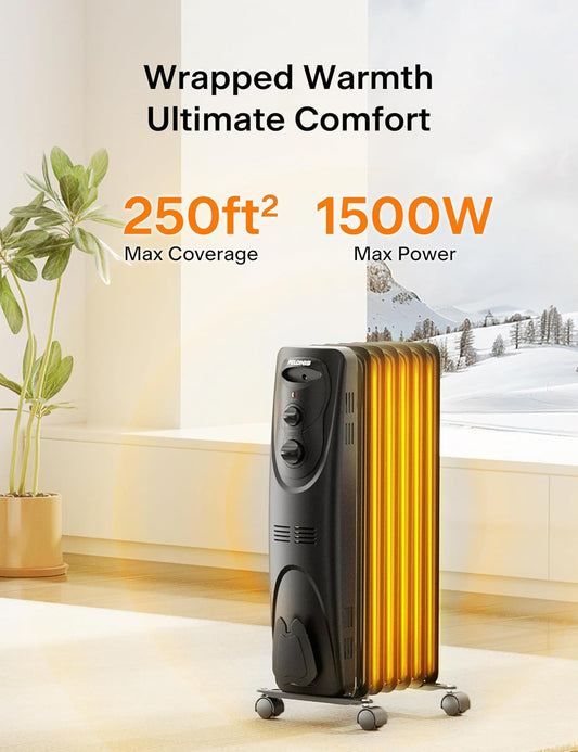 PELONIS Oil Filled Radiator Heater for Indoor Use Large Room Safe with Thermostat, 1500W Energy Efficient Quiet Space Heater, 3 Heat Settings, Overheat & Tip-Over, Black