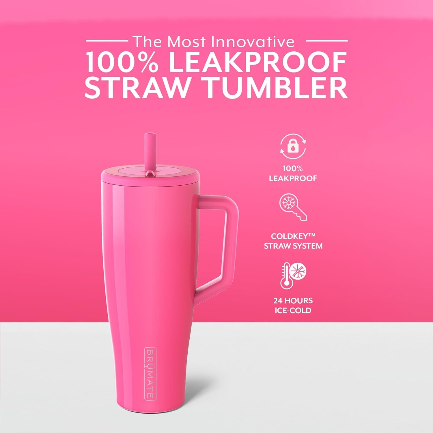 Brümate Era 40 Oz Tumbler with Handle and Straw | 100% Leakproof Insulated Tumbler with Lid and Straw | Made of Stainless Steel | Cup Holder Friendly Base | 40Oz (Neon Pink)