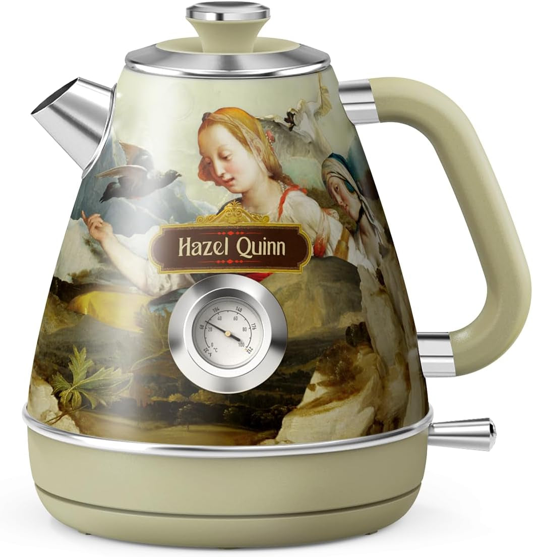 Hazel Quinn X Eduardo Recife Collaboration Electric Retro Tea Kettle with Thermometer - 1.7 L / 57.5 Oz, All Stainless Steel, Fast Boiling 1200W, Cordless, Bpa-Free, Automatic Shut-Off - Renaissance