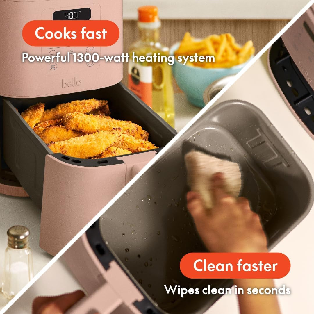 Bella 4Qt Slim Air Fryer, Fits-Anywhere™ Kitchenware, Evergood™ Ceramic Nonstick Coating, Adjustable Temperature, 6 Preset Cooking Options, 60 Min Auto Shutoff W Audible Tone, 3.3Lb Capacity, Blossom