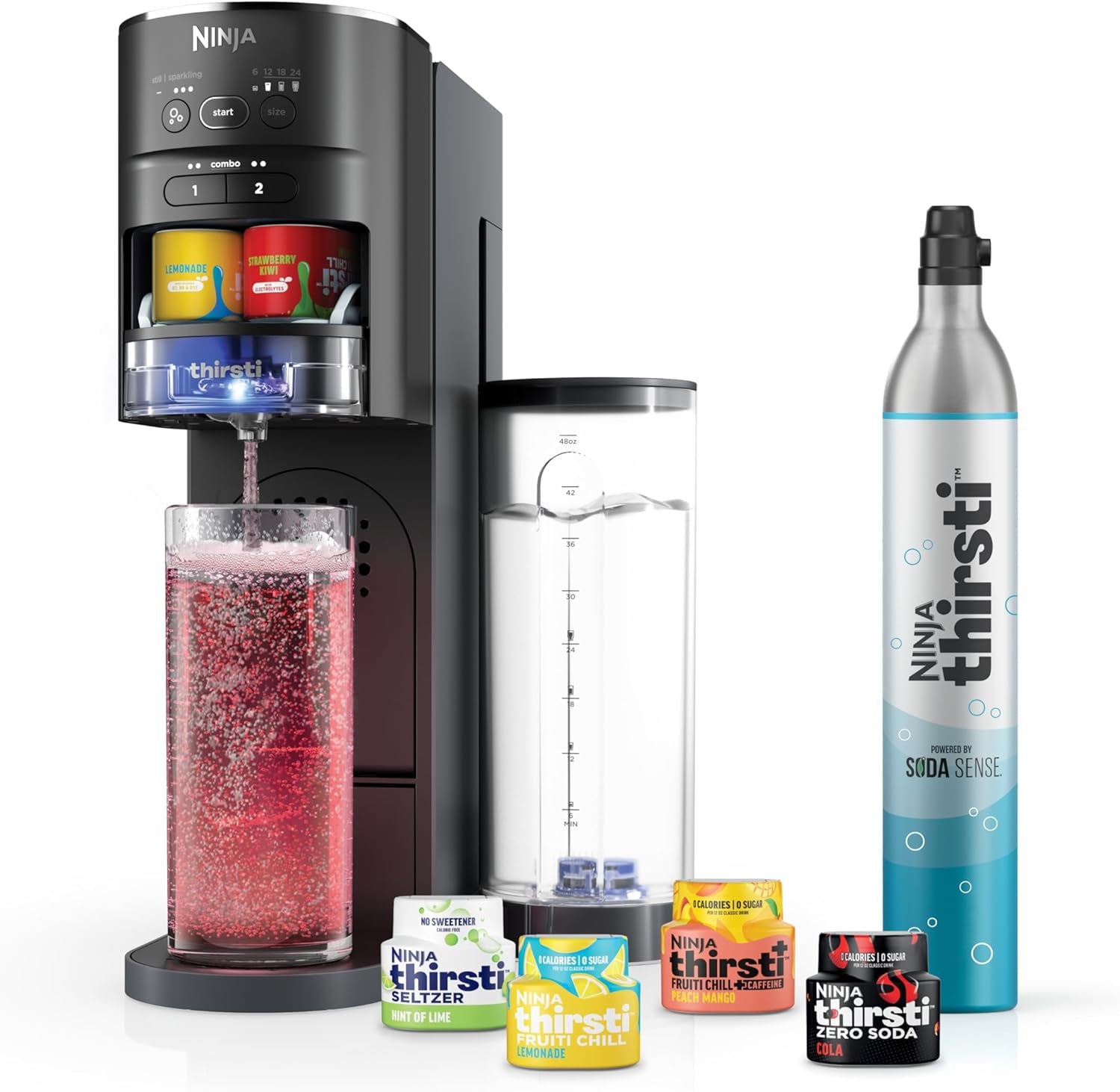 Ninja Thirsti Drink System, Soda Maker, Create Unique Sparkling & Still Drinks, Personalize Size & Flavor, Carbonated Water Machine, 60L CO2 Cylinder & Variety of Flavored Water Drops, Black WC1001