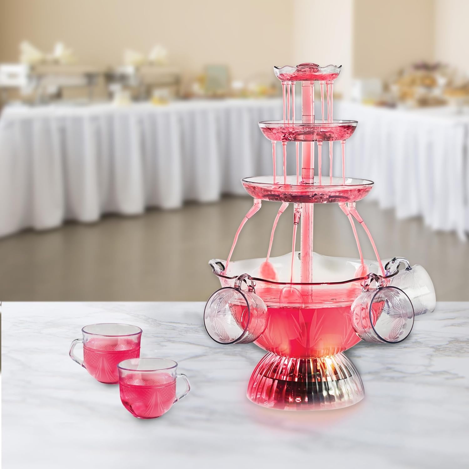 Nostalgia 3-Tier Party Fountain Holds 1 Gallon, LED Lighted Base, Includes 5 Reusable Cups, Clear