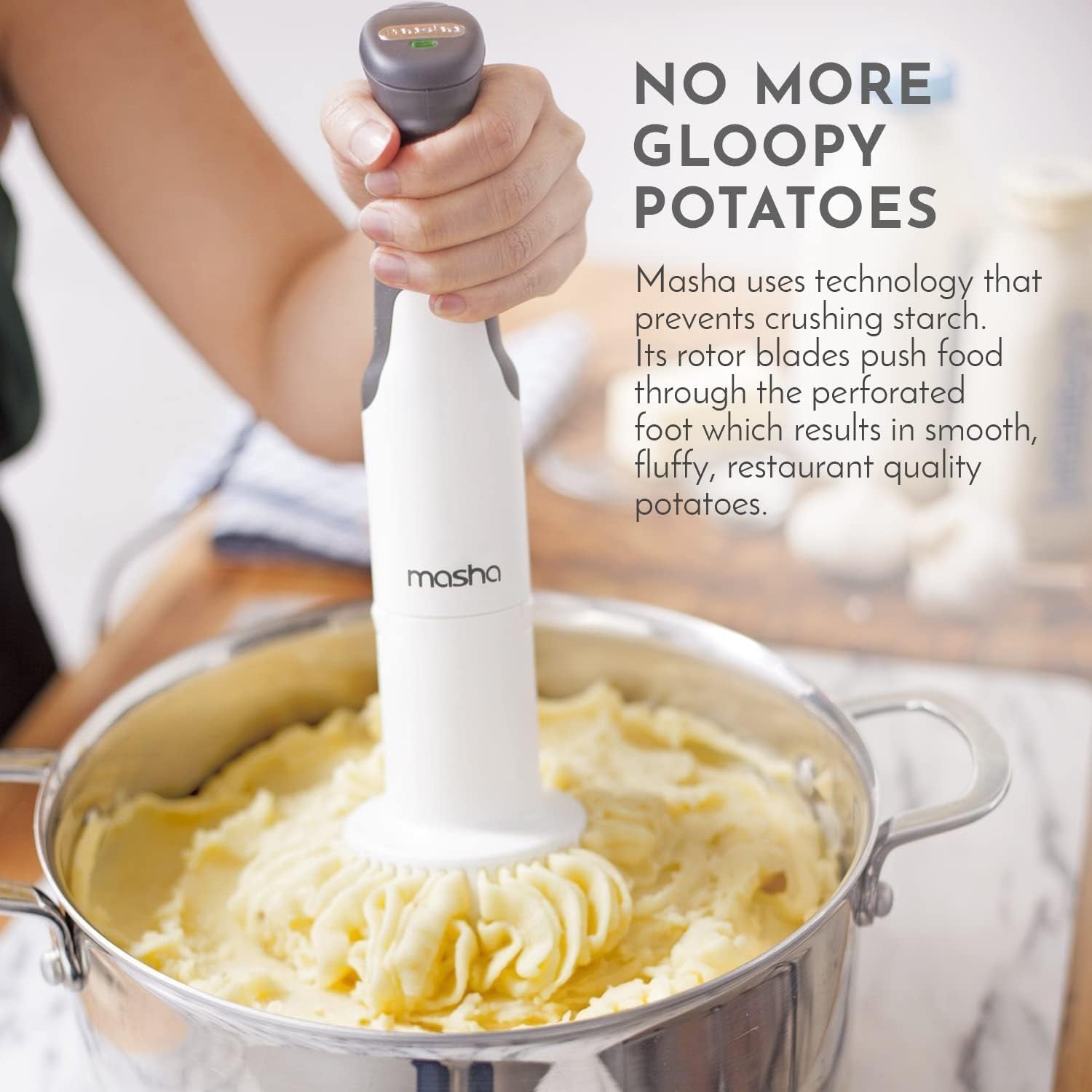 Masha Official Electric Potato Masher Hand Blender 3-In-1 Multi Tool Blends Purees Whisks - Immersion Mixer - Vegetables & Potatoes - Soup Maker