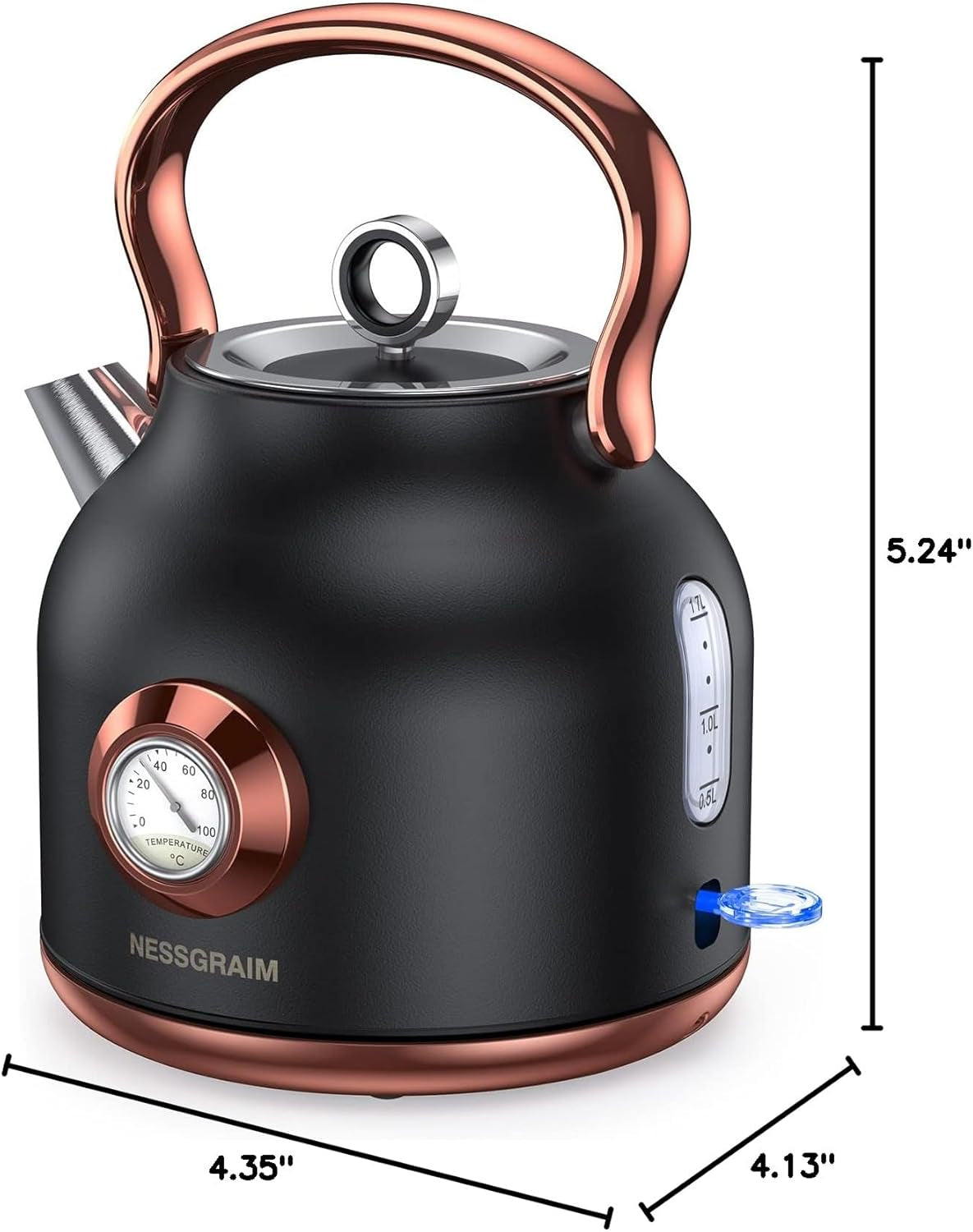 Retro Electric Kettle, 1.7L Stainless Steel Tea Kettle with Large Temperature Gauge, 1500W Fast Heating Hot Water Boiler with LED Indicator, Auto Shut-Off & Boil-Dry Protection-Reteo Black