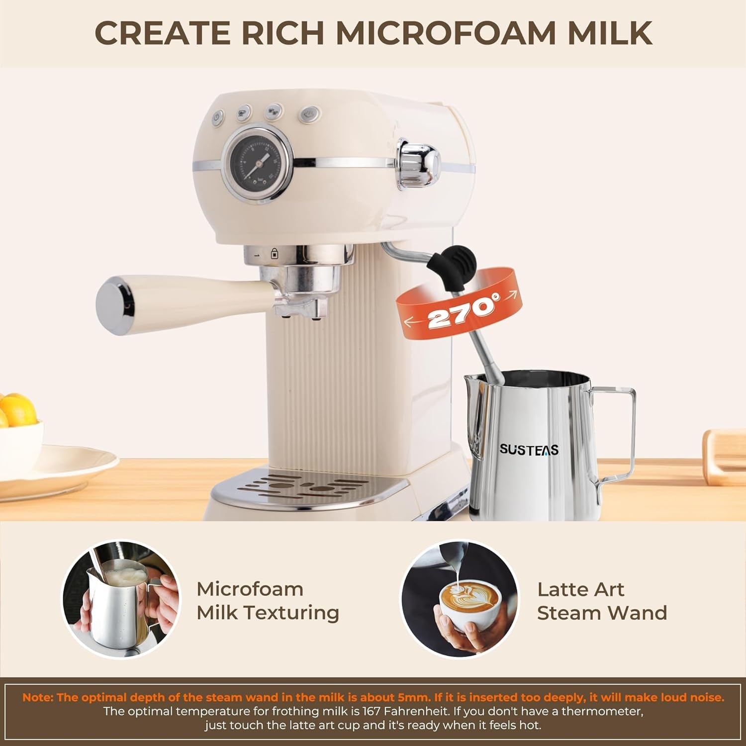 SUSTEAS Espresso Machine with Milk Frother, 20 Bar Espresso Maker for Latte and Cappuccino, Expressions Coffee Machine with Removable Water Tank, Beige