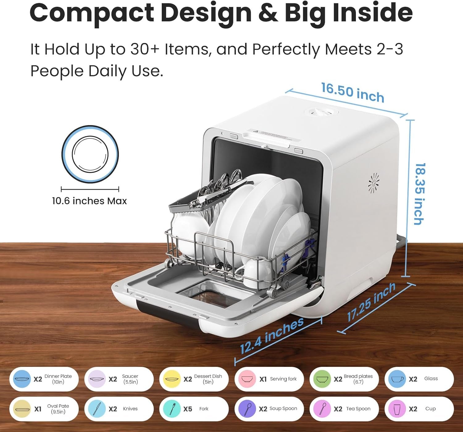 COMFEE' Countertop Dishwasher, Portable Dishwasher with 6L Built-In Water Tank, Mini Dishwasher with More Space Inside, 7 Programs, UV Hygiene& Auto Door Open, for Apartments, Dorms& Rvs, White