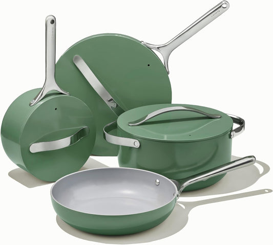 Caraway Nonstick Ceramic Cookware Set (12 Piece) Pots, Pans, Lids and Kitchen Storage - Non Toxic - Oven Safe & Compatible with All Stovetops - Sage