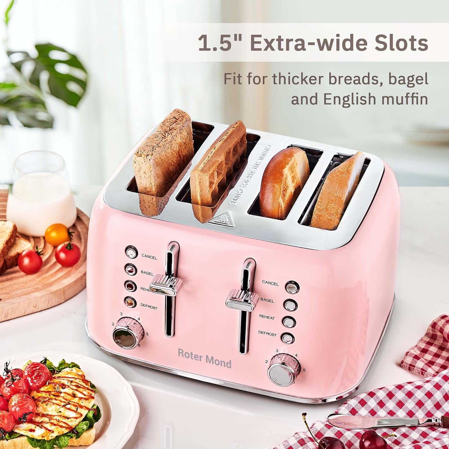 Roter Mond Retro Stainless Steel Toaster 4 Slice Extra Wide 6 Browning Levels Pink