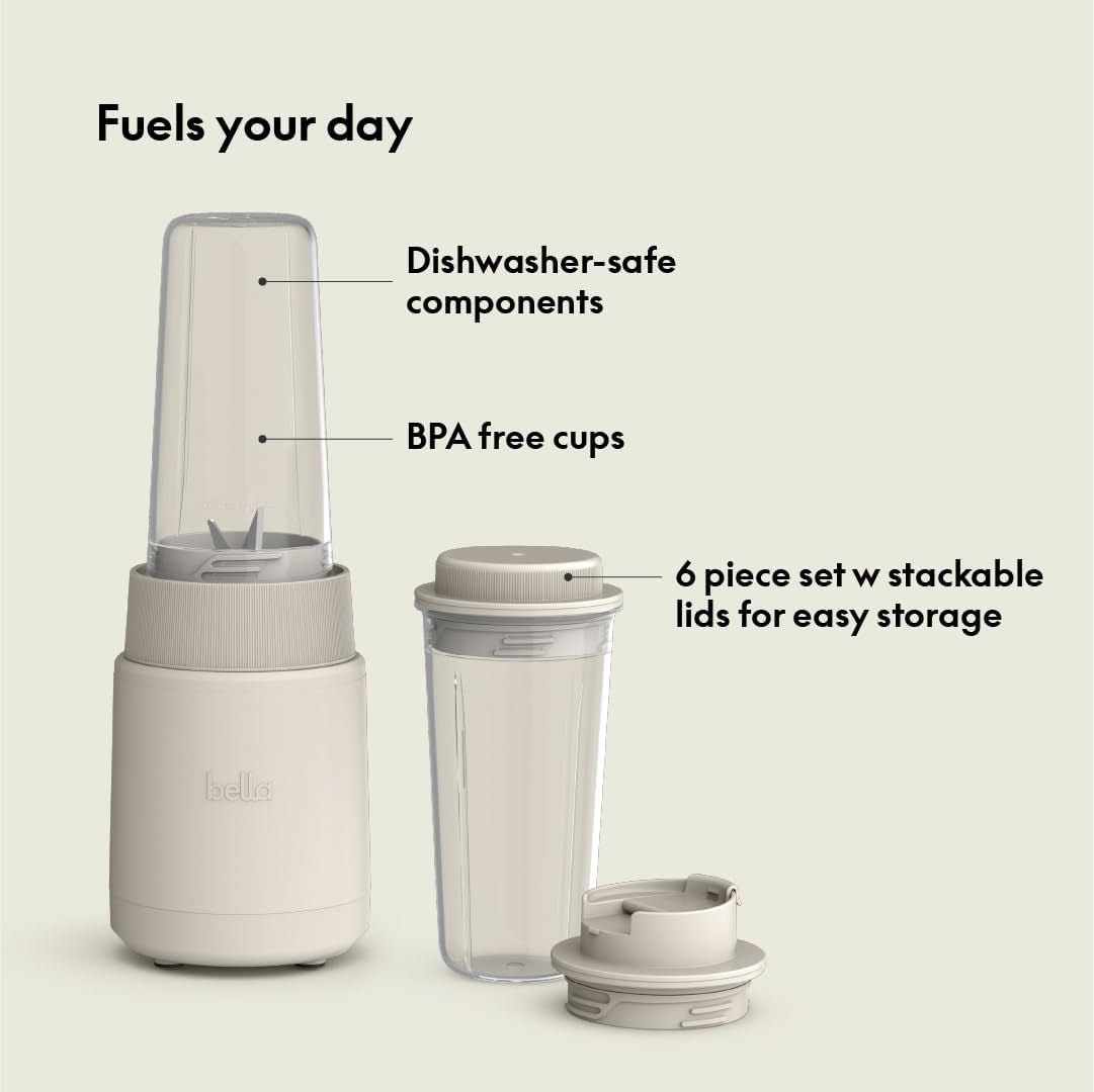 Bella 6 Pcs Portable Rocket Blender, Juicer & Smoothie Maker, Press & Twist Design, Evergood™ & BPA Free Dishwasher Safe Parts, 4 Tip Stainless Steel Blade, Cord Wrap, 240 Watt Motor, Oatmilk