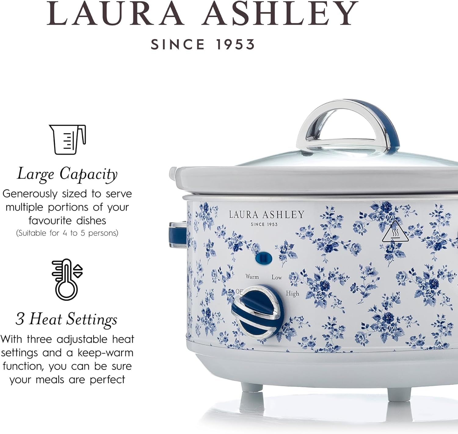 Laura Ashley Slow Cooker 3.7 Quart - Large Slow Cooker 3.7 QT for 4 to 5 People - Energy Efficient Slow Cookers with 3 Heat Settings - Dishwasher Safe Removeable Ceramic Crock & Tempered Glass Lid