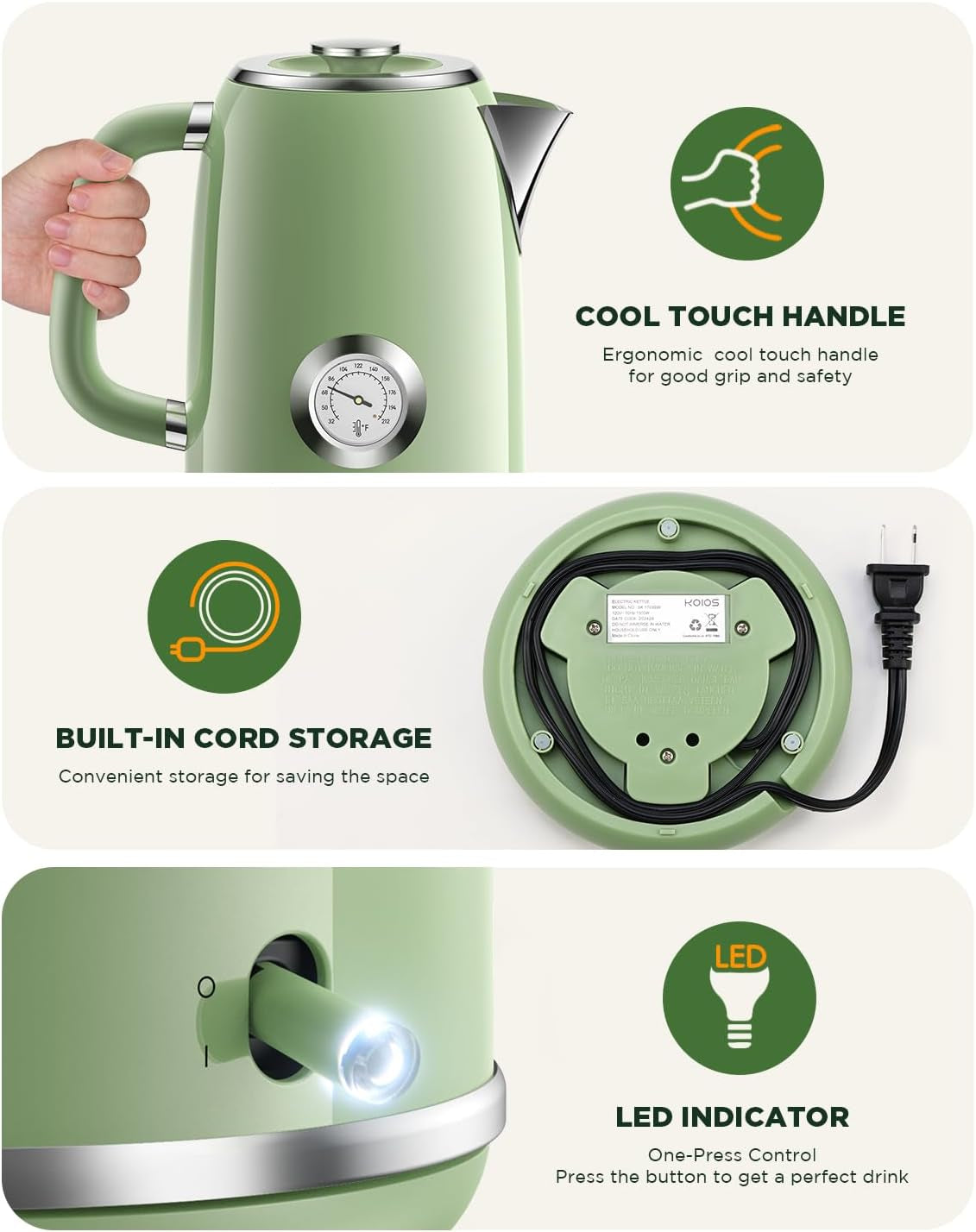 Electric Kettle, 1.8 L Hot Water Boiler Heater with Thermometer, 1500W Retro Electric Tea and Water Kettle with LED Indicator, 100% Stainless Steel, Auto Shut-Off & Boil-Dry Protection, Retro Green