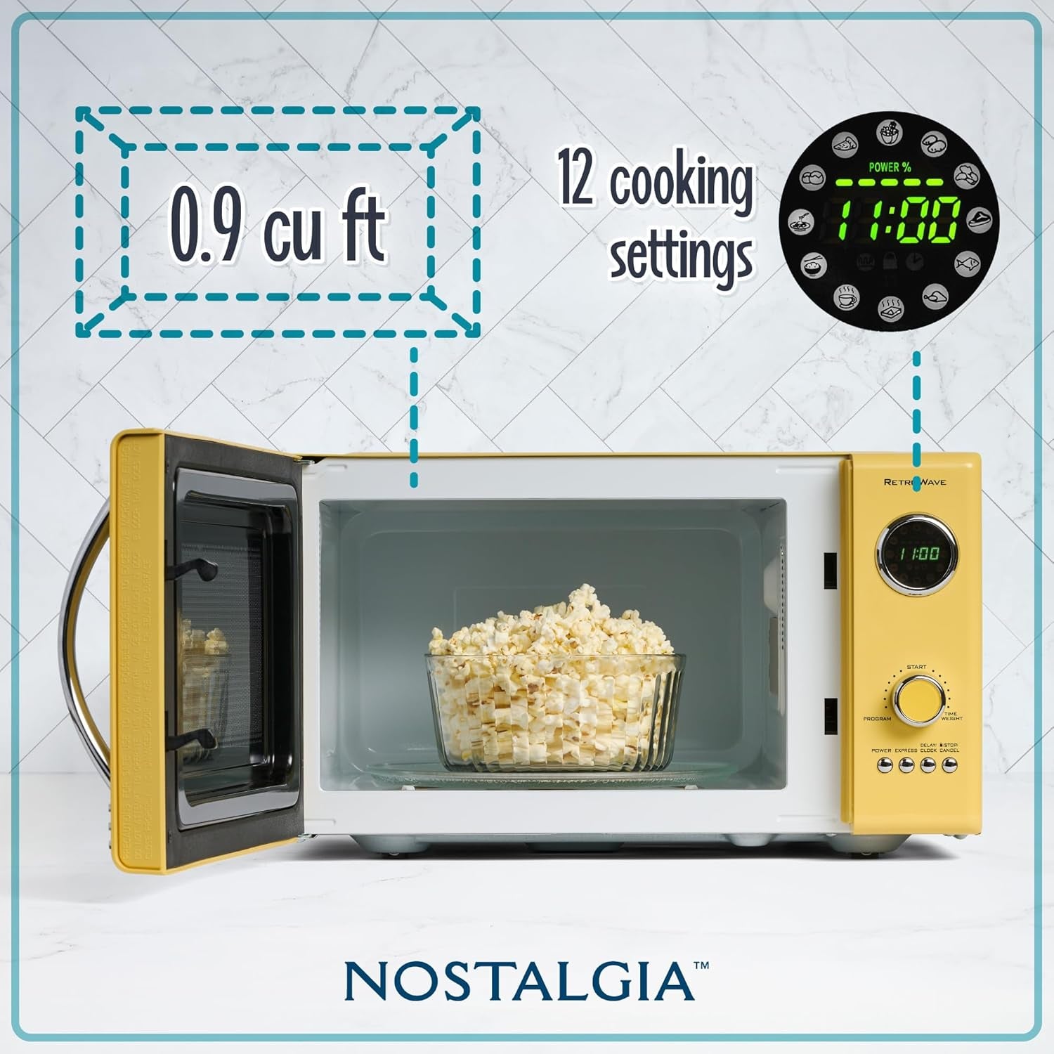 Nostalgia Retro Microwave - Countertop Microwave Oven - Includes 12 Pre-Programmed Settings and Digital Clock - 0.9 CU Ft. - 800 Watts - Yellow