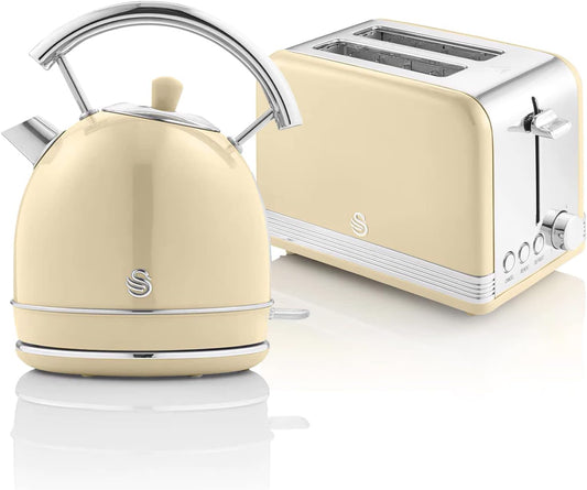 Swan Retro Breakfast Set Stainless Steel Kettle 1.8L & 2-Slice Toaster 6 Level Browning Control Cream Color