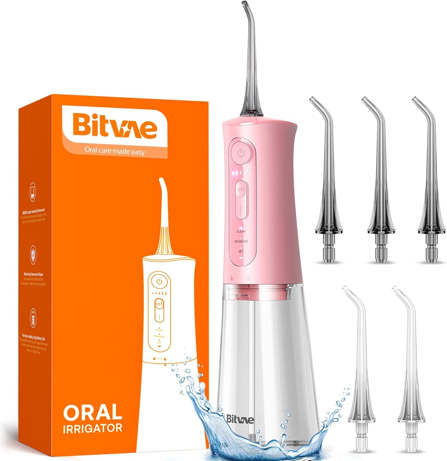 Bitvae Water Dental Flosser for Teeth 3 Modes 5 Intensities Rechargeable Pink