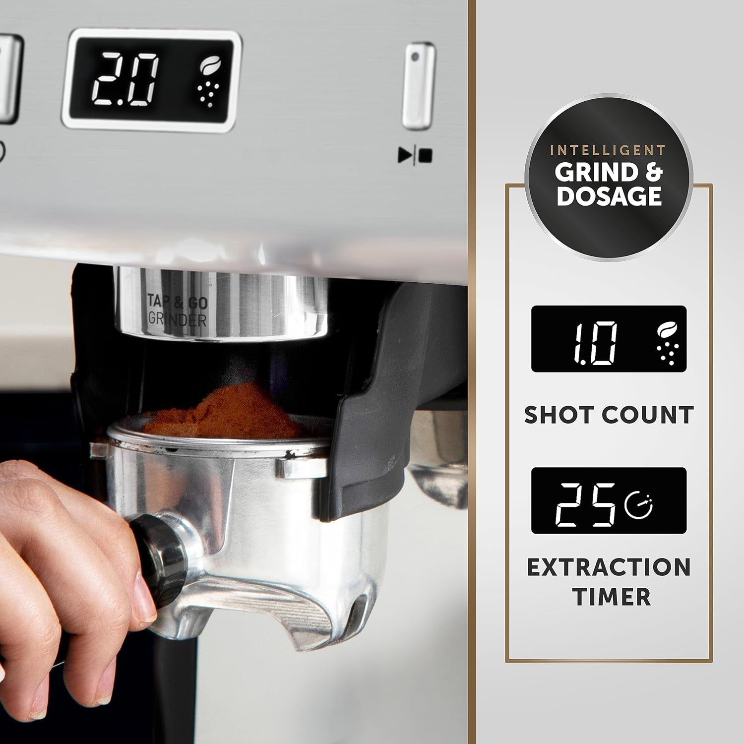 Barista Max+ Espresso, Latte & Cappuccino Coffee Machine, Intelligent Grind & Dosage, Precision Extraction Timer, Integrated Milk Frother,15 Bar Italian Pump, Silver [VCF153]