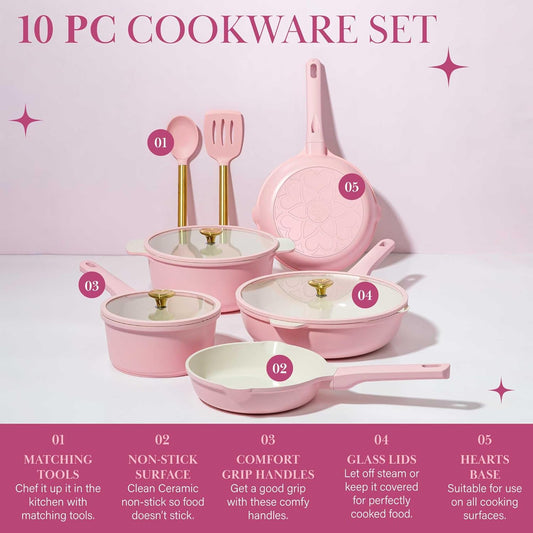 Paris Hilton Ceramic Nonstick Cookware Set, Cast Aluminum with Dual Layer Nonstick Coating, Gold Heart Knobs, Stay-Cool Handles, Made without PFAS, PFOA, PFOS & PTFE, Dishwasher Safe, 10-Piece, Pink