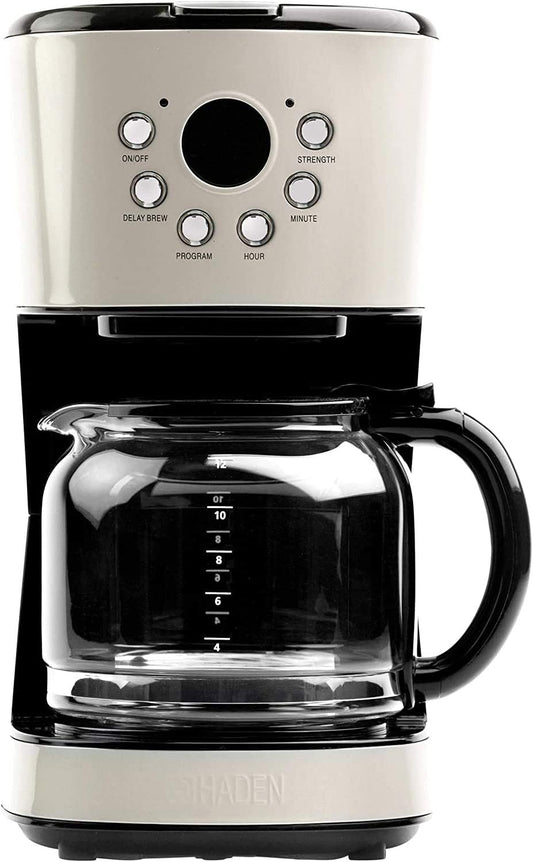 HADEN Coffee Machine, 12 Cup Programmable Drip Coffee Maker with Auto Shut-Off Function and Reusable Washable Water Filter, Putty & Chrome