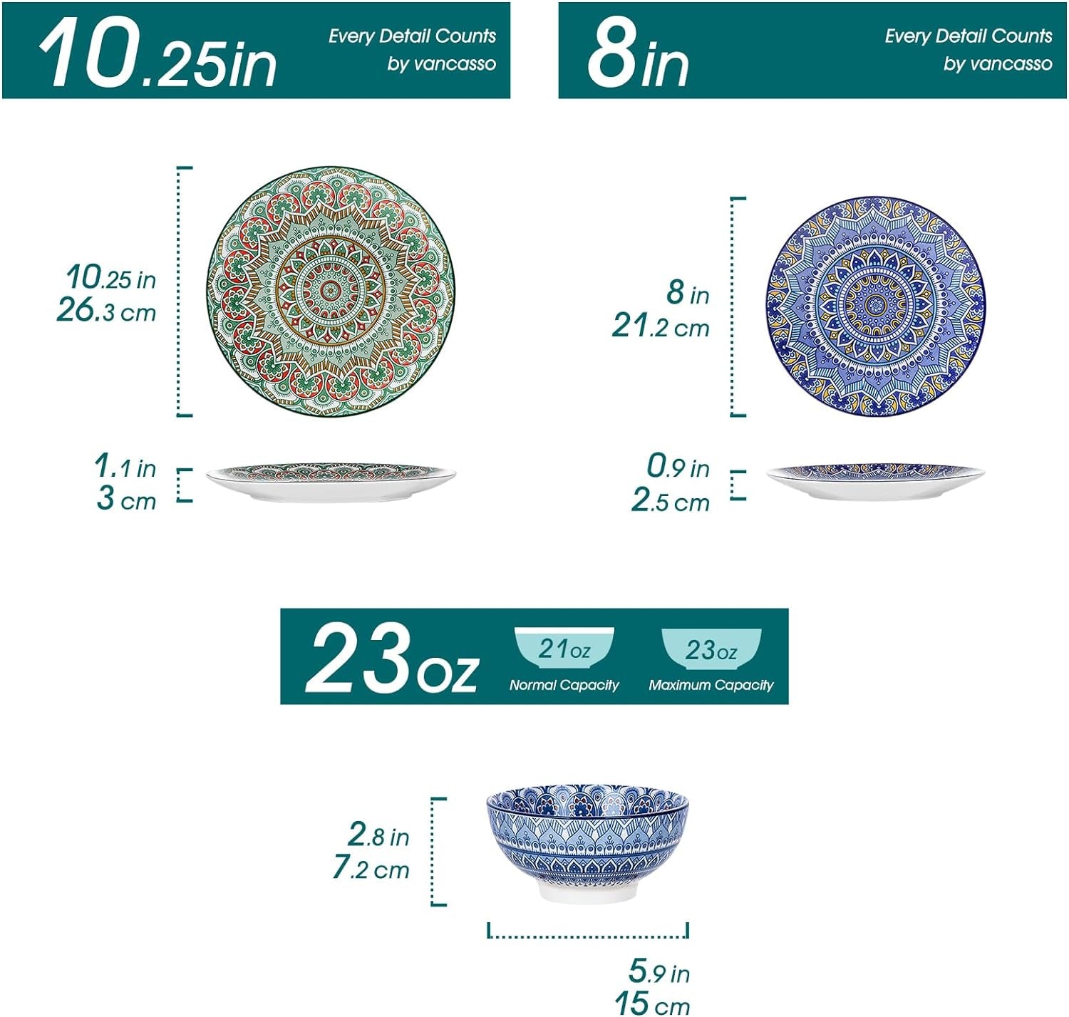 Vancasso Mandala 12 Pieces Dinnerware Sets, Porcelain Dinner Set for 4, Boho Plates and Bowls Set, Colorful Dish Set