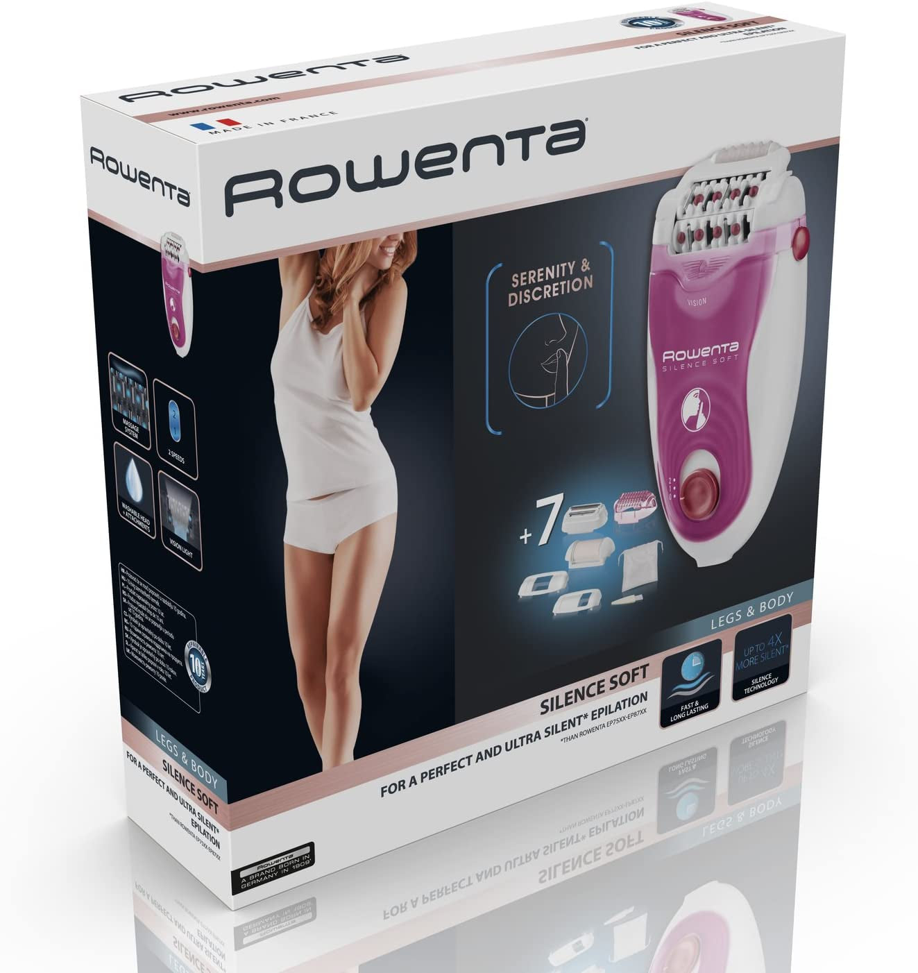 Rowenta EP5660 Silence Soft Epilatore, Epilazione Silenziosa per Gambe Con La Tecnologia Micro-Contact, 7 Accessori, 4, 8 W, 220 - 240 V, Viola/Bianco