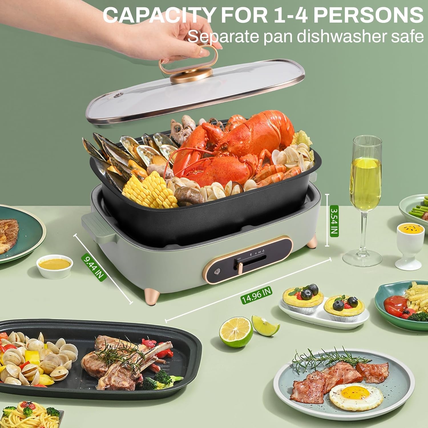 2 in 1 Electric Hotpot with Removable Grill Pan, Non-Stick Skillet & 4L Shabu Shabu Pot,1200W with Slide Power Control for Frying,Grilling,Outdoor Camping BBQ, Family & Friend Gathering Party