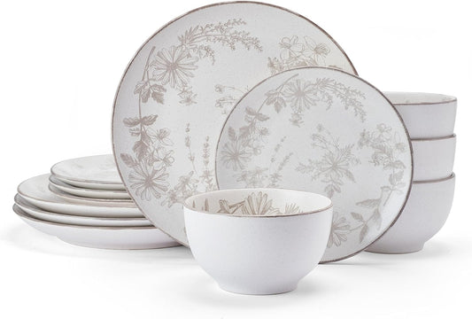 Pfaltzgraff Enchanted Bloom Floral Grey 12 Piece Dinnerware Plate Bowl Set, Service for 4