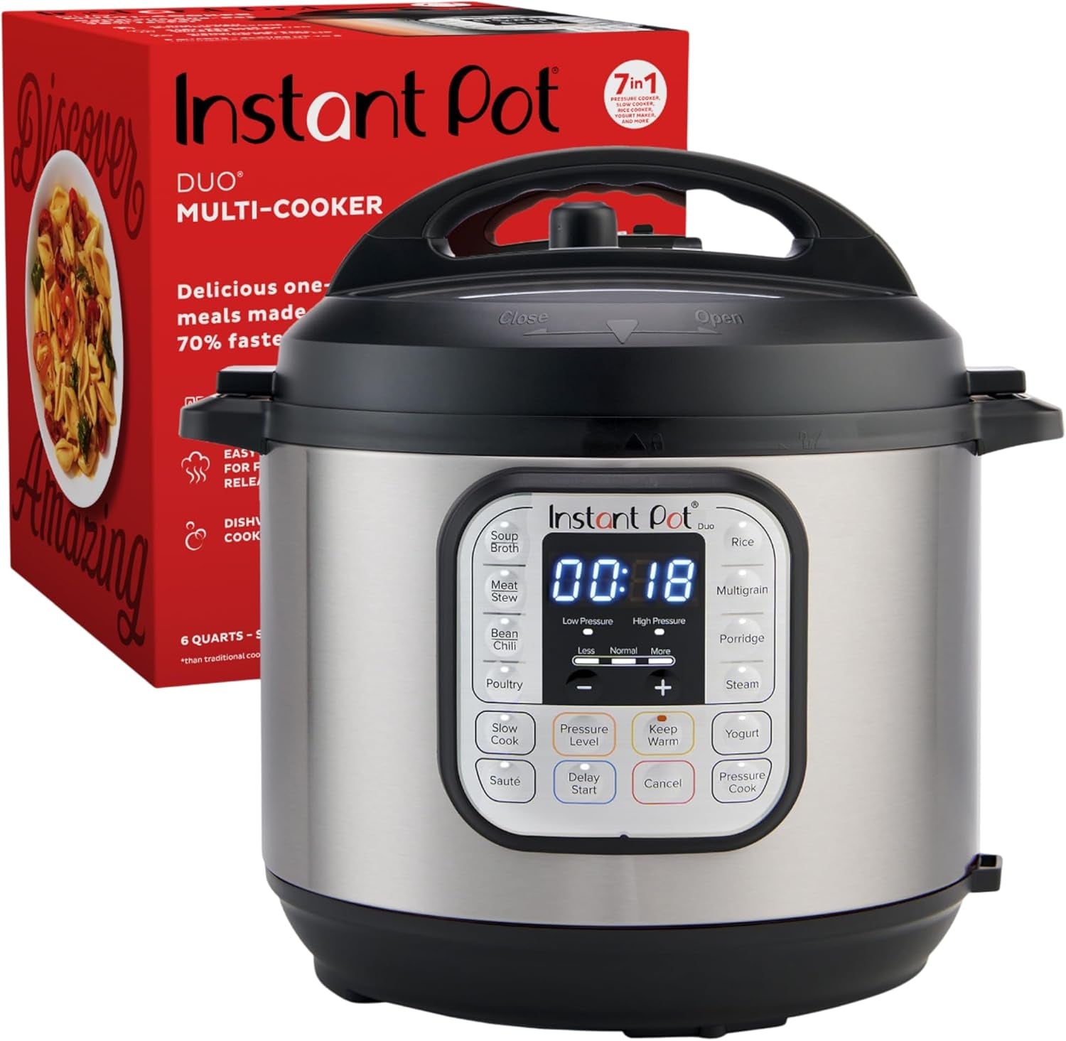 Instant Pot Duo 7-In-1 Electric Pressure Cooker, Slow Cooker, Rice Cooker, Steamer, Sauté, Yogurt Maker, Warmer & Sterilizer, Includes App with over 800 Recipes, Stainless Steel, 6 Quart