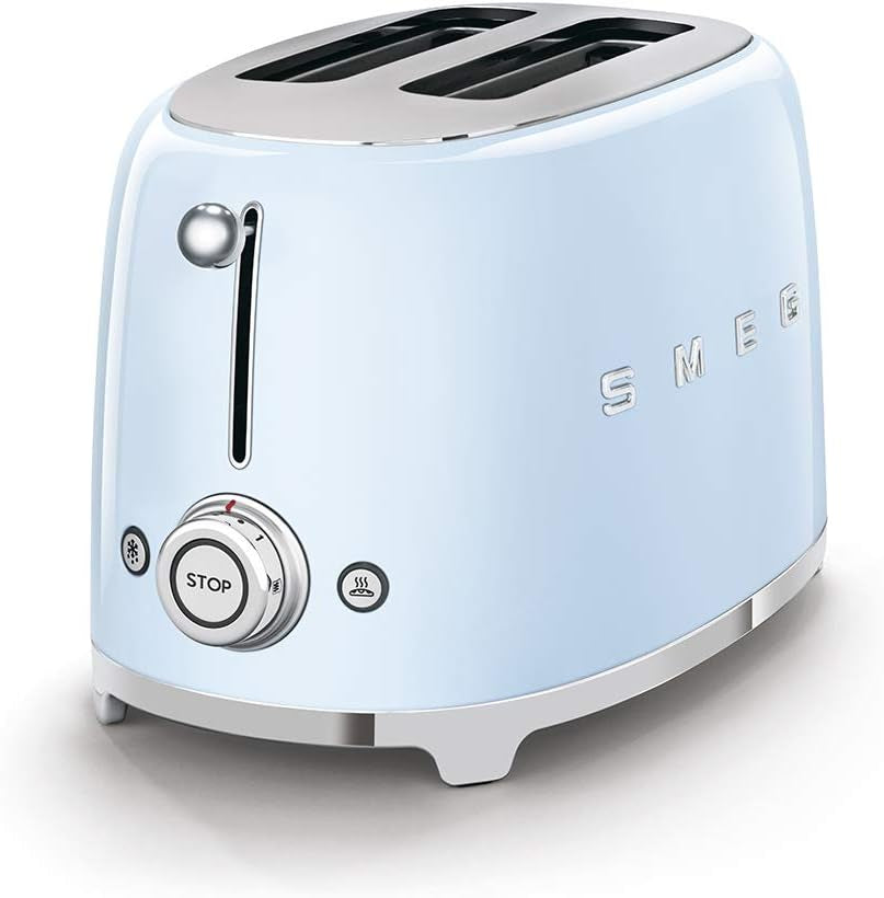 SMEG 2 Slice Toaster with 6 Presets and Defrost Function and Removable Crumb Tray TSF01PBUS, Pastel Blue