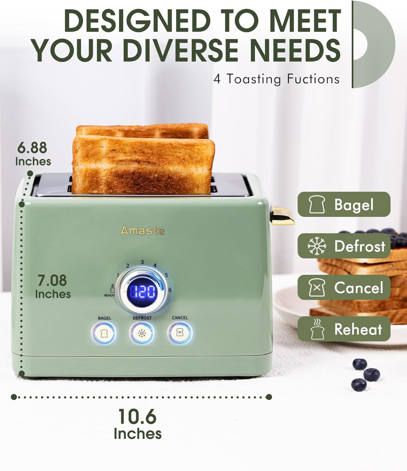 2 Slice Toaster, Retro Bread Toaster with LED Digital Countdown Timer, Extra Wide Slots Toasters with 6 Bread Shade Settings, Bagel, Cancel, Defrost Function, High Lift Lever, Removal Crumb Tray