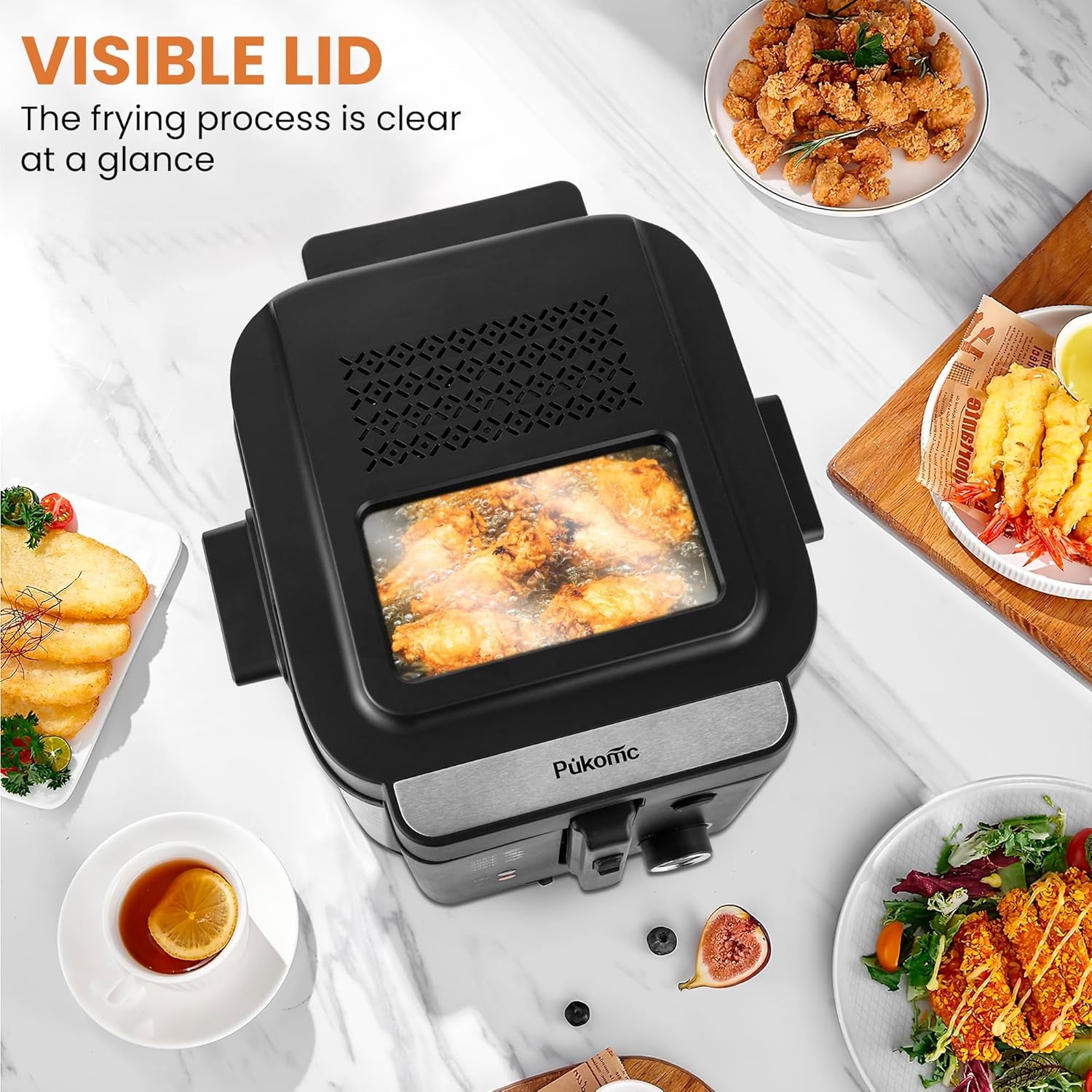 Pukomc Electric Deep Fryer with Basket,Adjustable Temperature Frying Pot for Home Use,Removable Lid and 2.5L Non-Stick Inner Pot Easy to Clean