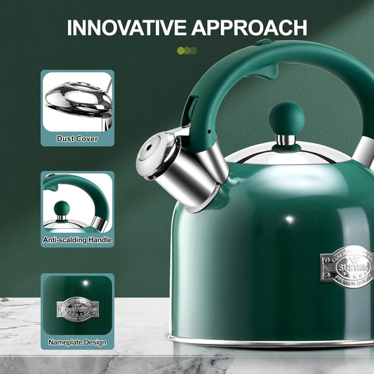 SUSTEAS Tea Kettle - 3.17QT Whistling Kettle with Ergonomic Handle - Premium Stainless Steel Tea Pots for Stove Top, Chic Vintage Teapot with Composite Base, Work for All Stovetops (Green)